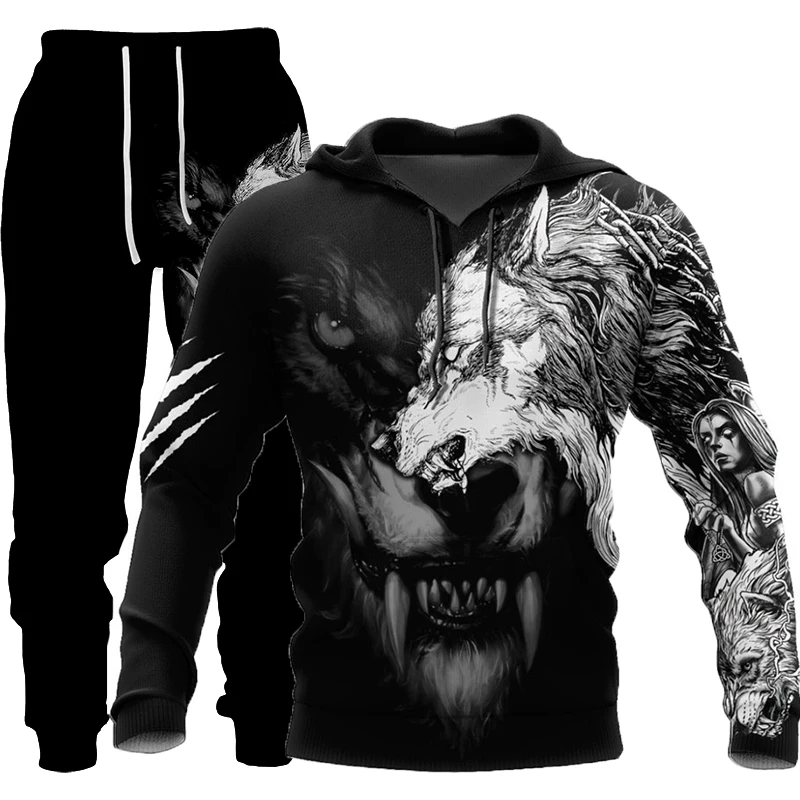 New Wolf 3d Printed Hoodie Pants Suit Male Autumn and Winter Casual Sweashirt Pullover Men Tracksuit Set Fashion Men's Clothing