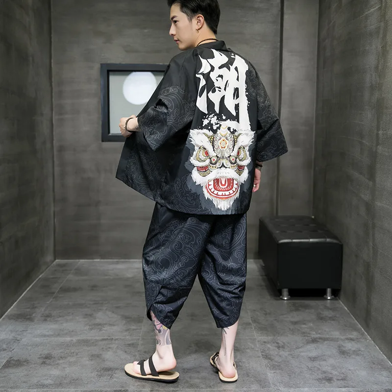 3/4 Rayon Men Pajamas Sets 2PCS Chinese Print Hanfu Kimono Robe Sleep Suit Large Size Summer Underwear Casual Home Clothes