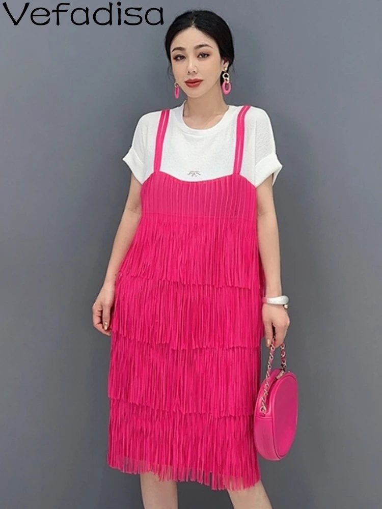 

Vefadisa2023 Summer New Women Loose Fake Two Piece Spliced Tassel Dress Solid Color Lovely Personalized Trendy Girl Dress ZY1549