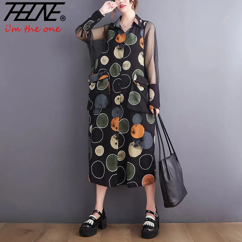 

Женское винтажное платье в горошек, Свободное длинное повседневное платье в стиле пэчворк, с сетчатой вставкой, большие размеры, на лето