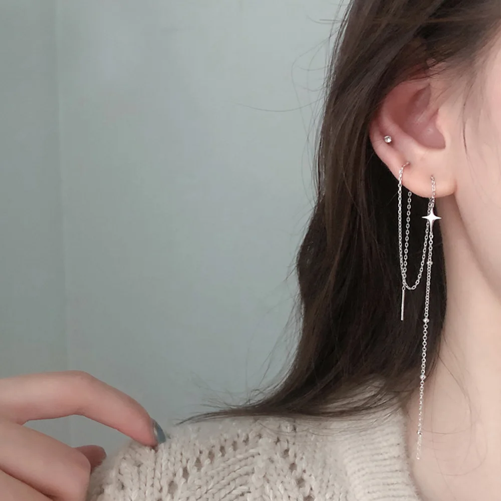 S925 SilverNew 2023 Ladies Genuine Sweet Long Beads Star Chain Ear Line Earring For Women Wedding Jewelry Gift For Women Girl