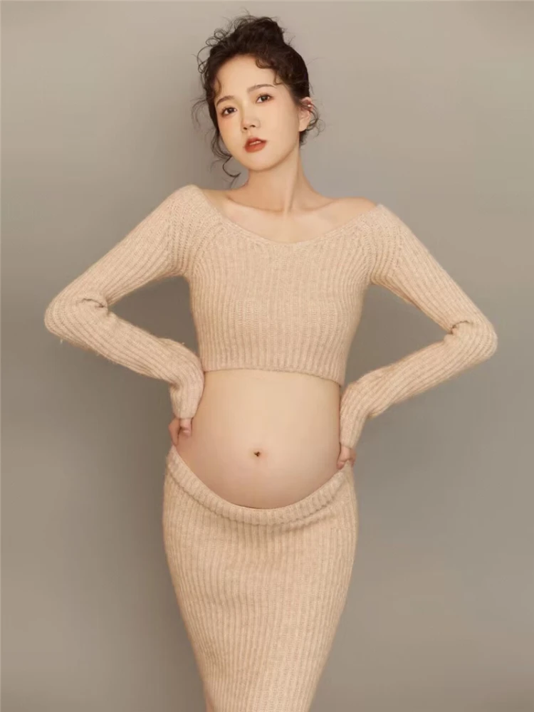 Dvotinst Women Photography Props Maternity Suit Pregnancy Knitted Short Sweater Skirt Casual Studio Shooting Photoshoot Clothes enlarge