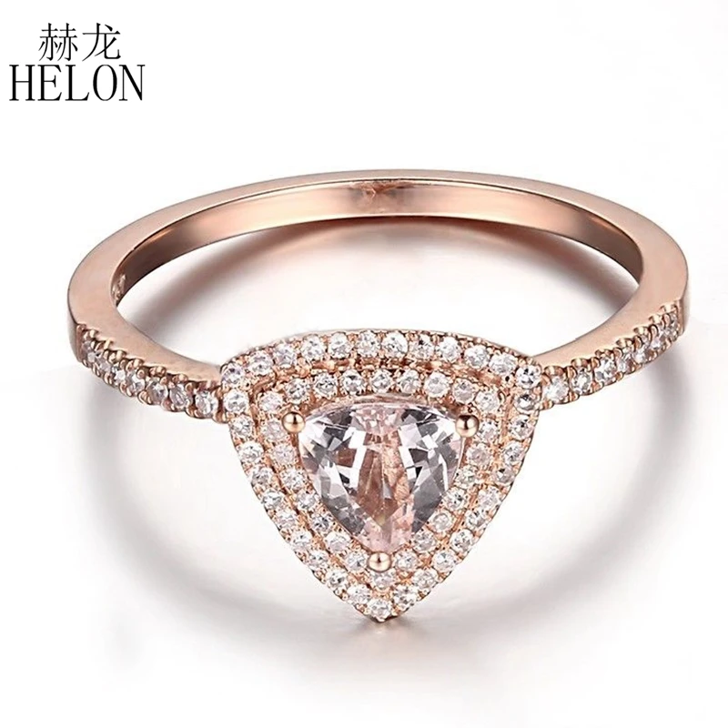 

HELON Solid 18k 14k 10k Rose Gold Trillion Cut 5mm Natural Morganite Diamonds Halo Engagement Ring For Women Birthday Best Gift