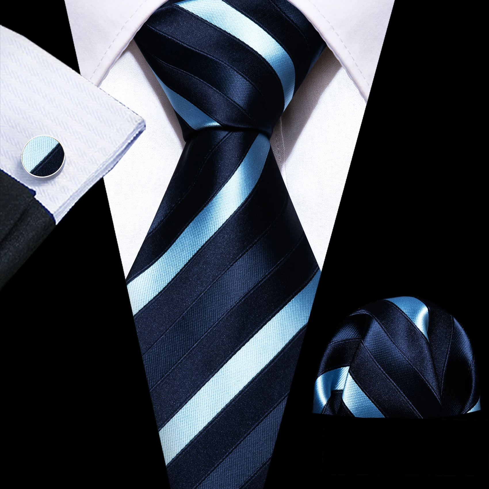 

Fashion Blue Stiped Men Silk Necktie Fahsion Brooches Men Tie Handkerchief Cufflinks Sets Men Gifts Barry.Wang Designer