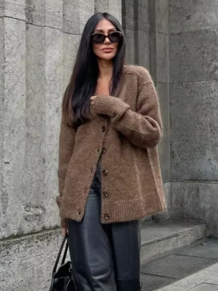 Женский модный коричневый однобортный кардиган из мохера элегантный трикотаж с