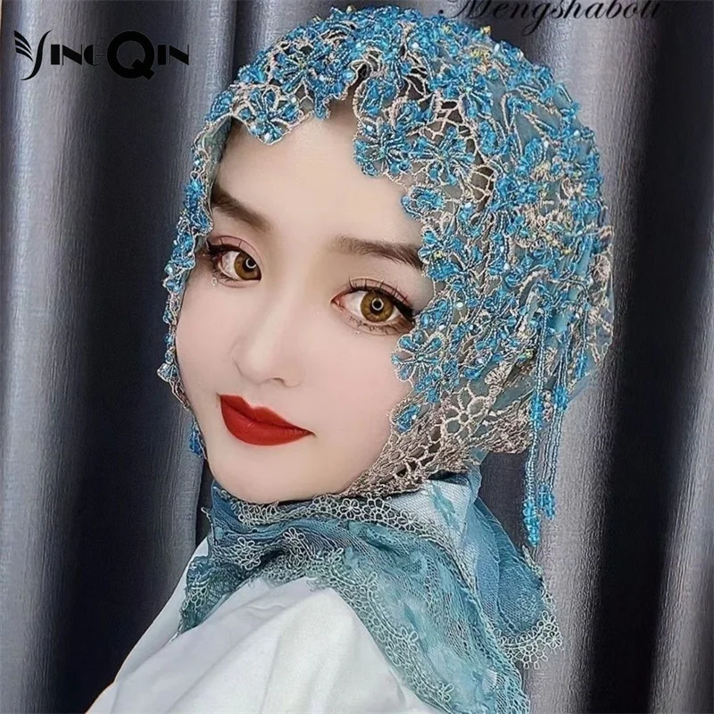 Muslim Women Headscarf Freeshipping Sequin Chiffon Lace Summer Malaysia Shawl Scarf Hijab Hat Cap Islam Saudi Arabia Headwrap