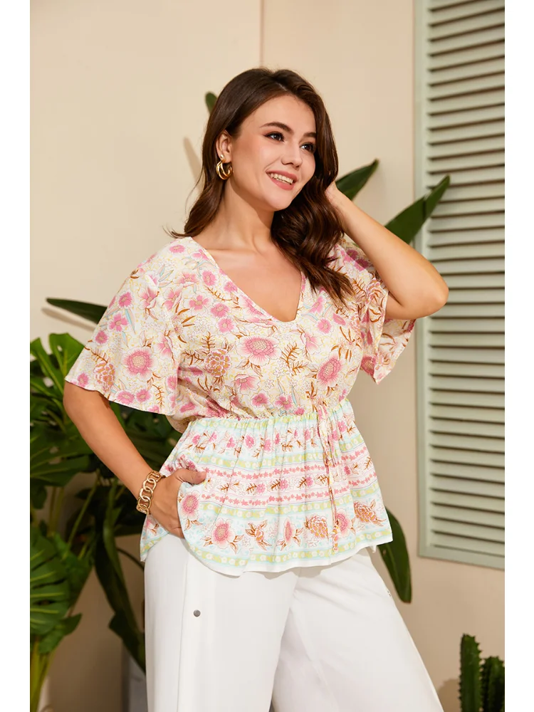 

Women's retro floral print with hollowed out elastic high waistband and flowing short sleeves plus size women clothing