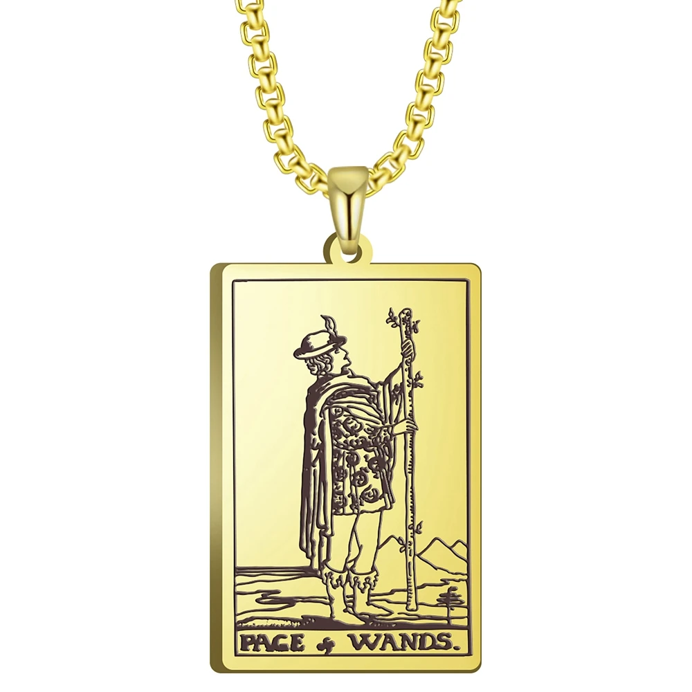 

Stainless Steel Jewelry Black Color Gold Color Steel Color 24x40mm Tarot Page Of Wands Pendant Necklace With 60cm Box Chain