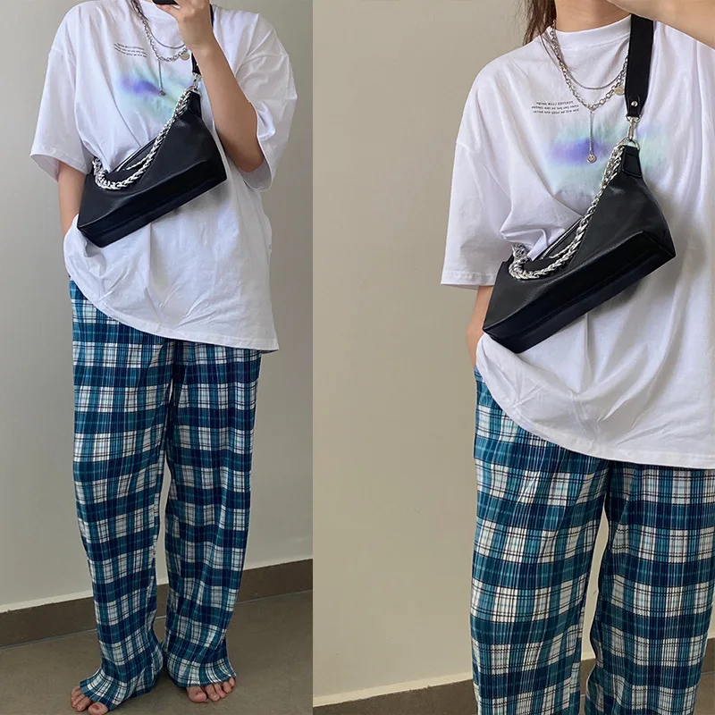 Y2K Black Cool Girl  Women Messenger Bag PU Leather Chain Brand Designer Crossbody Bags Underarm Bag Casua Hobo Bag Solid Color