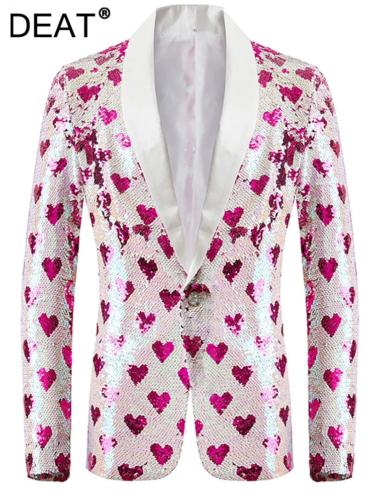 DEAT Fashion Women's Blazer Shawl Collar Slim Waist Heart-shaped Sequins Long Sleeve Pink Suit Jackets Spring 2023 New 17A5675