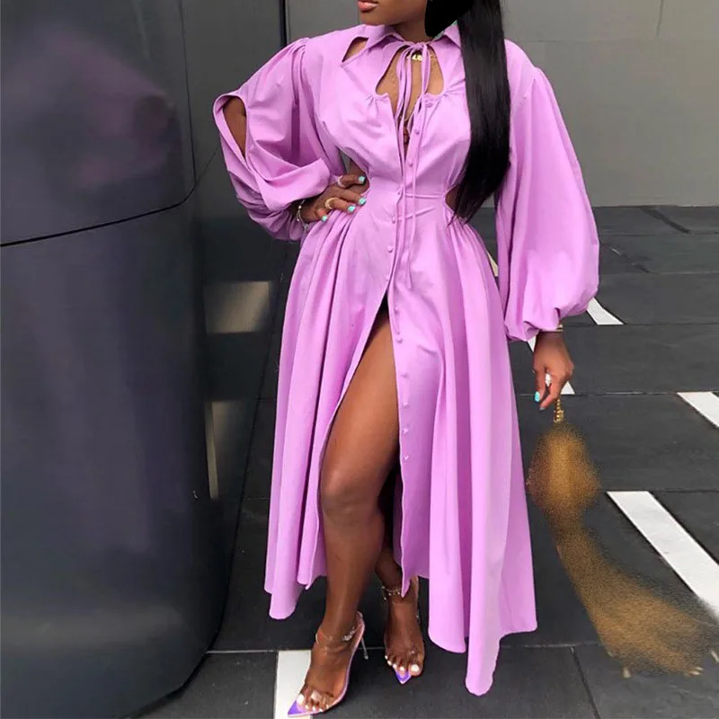 

WUHE Women Single Breasted High Waist Cut Out Shirt Maxi Dress Lantern Long Sleeve Hollow Out Party Vestido Autumn Dresses