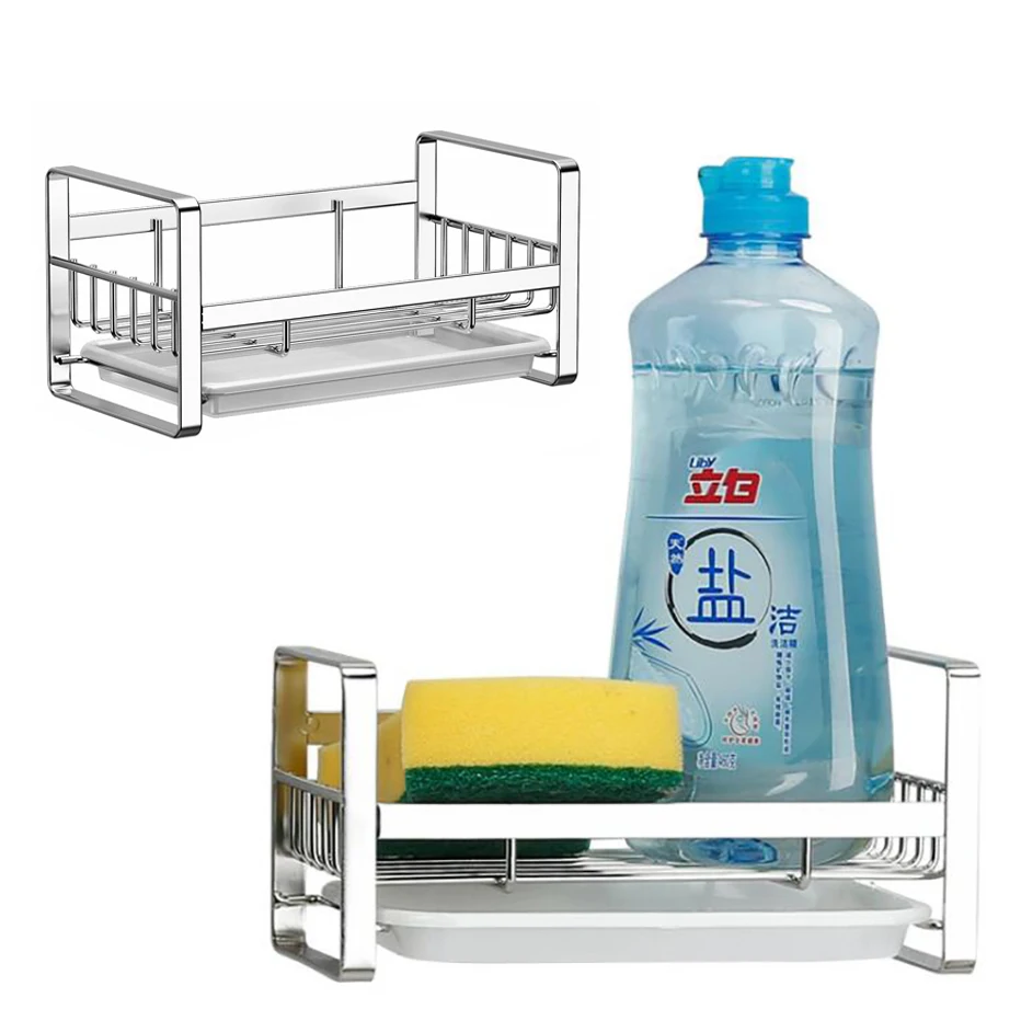 

Wall Mounted Stand Design Storage Rack Sponge Brush Organizer Rack Soap Dispenser Bottles Storage Shelf Sponge Drainer Holder