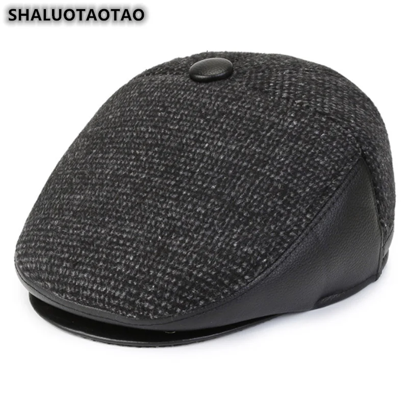 

Fashion Autumn Winter Caps Leather Men's Berets Woolen Cloth Keep Warm Ear Muffs Middle-Aged Dad Hats Snapback Peaked Cap