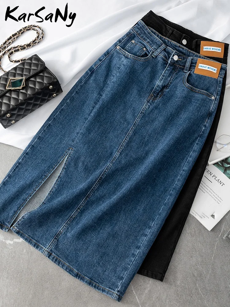 Эластичная джинсовая юбка с завышенной талией, черная женская летняя юбка средней длины с разрезом, модель 2022 года, женская летняя синяя юбк...