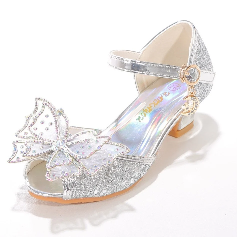 

Kopciuszek Buty Dla Dziewczynek Pięty Dzieci Princess Dress Party Skórzane Kliny Butterfly Slip on Baleriny Ślubne