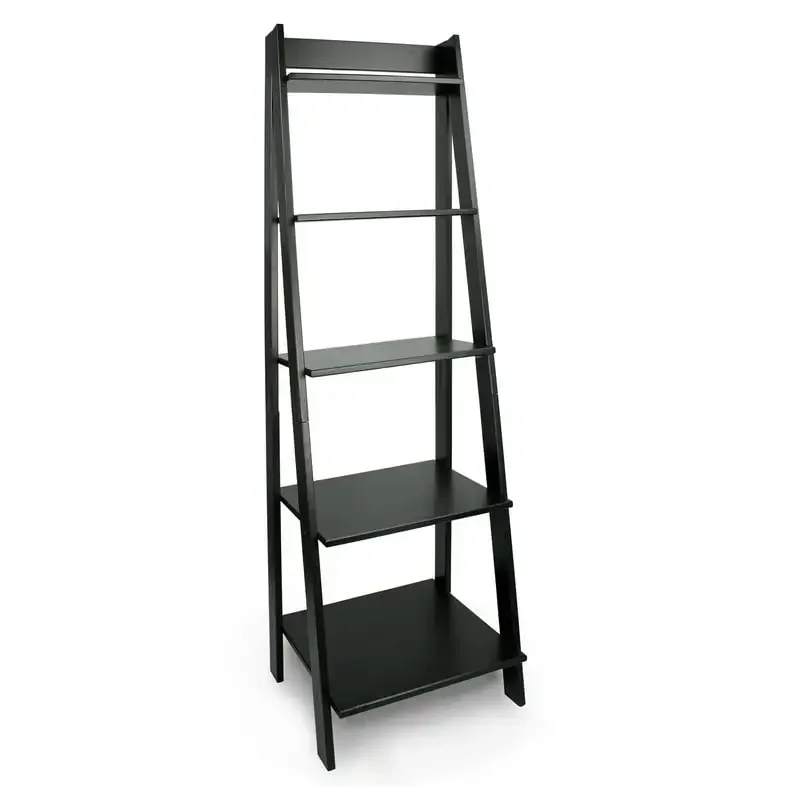 Solid Wood 5 Shelf Ladder Bookcase - Black Home Decor Displa