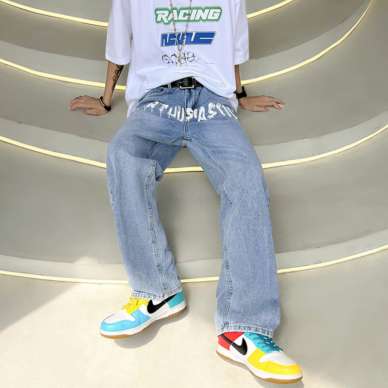 Y2K Retro Letter Embroidery Ripped Jeans Men's Hip Hop Straight Washed Oversized Casual Loose Couple Jeans Trousers Streetwear