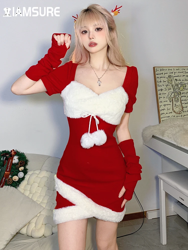 

IAMSURE рождественское лоскутное пушистое облегающее платье с перчатками пикантное приталенное мини-платье с квадратным воротником и коротким рукавом для женщин 2022