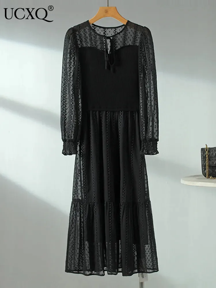 

Черное Трикотажное Сетчатое платье UCXQ в стиле пэчворк для элегантных женщин прозрачные платья с длинным рукавом Vestido 2023 Осень Зима Новинка 23A5080