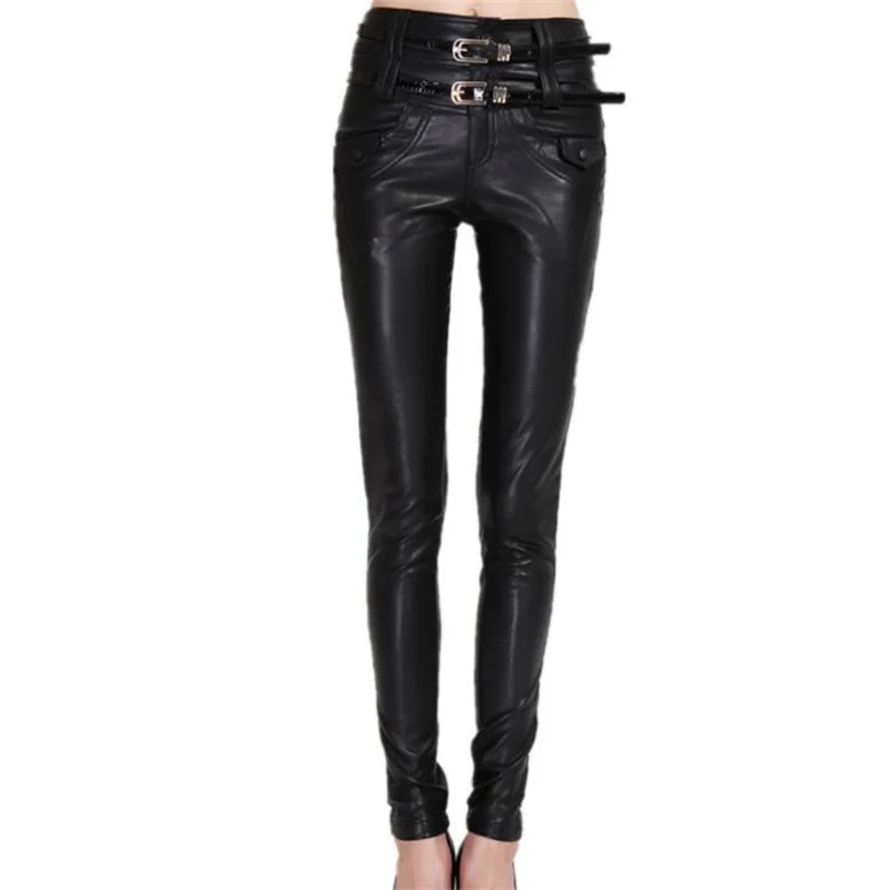 Black fashion motorcycle faux leather pants womens feet pants pu trousers for women spring autumn personality