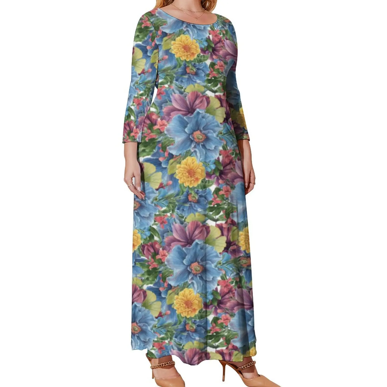 Colorful Flower Dress Long-Sleeve Elegant Floral Print Modern Maxi Dress Spring Aesthetic Beach Long Dresses Plus Size 3XL 4XL