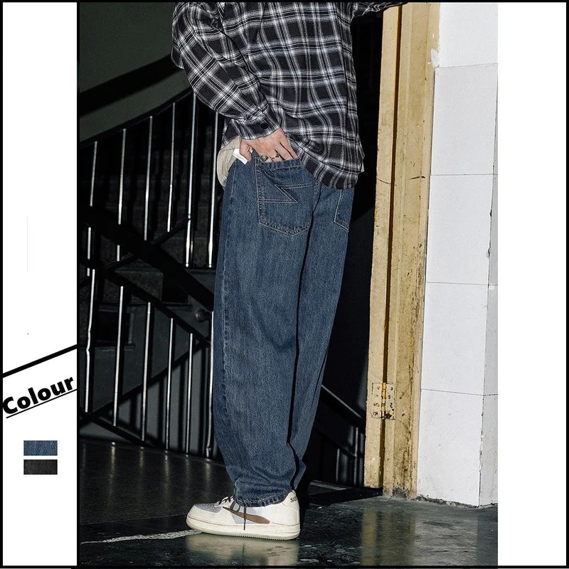 2022 Spring Retro Washed Jeans Men's Japanese Loose Straight Pants Ins Tide Brand Fashion All-match Blue Casual Wide-leg Pants
