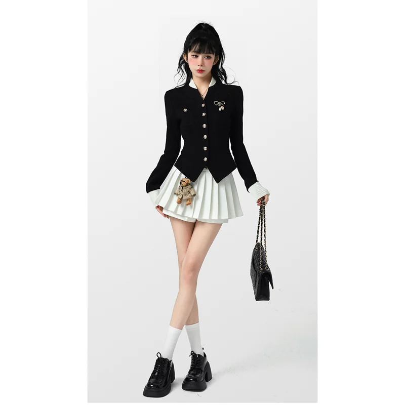 

Black Women's Wool Sweater Cardigan Coat White Pleated Skirt Suit Academic Style Long Sleeve Single Breasted Knitted Sweater