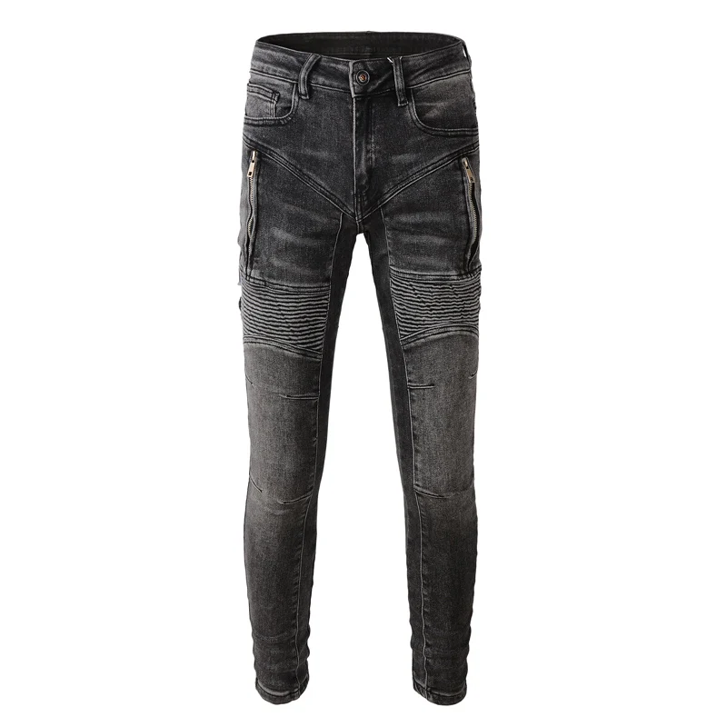 Street Fashion Men Jeans Retro Black Gray Elastic Slim Fit Spliced Biker Jeans Men Zipper Patch Designer Hip Hop Pants Hombre
