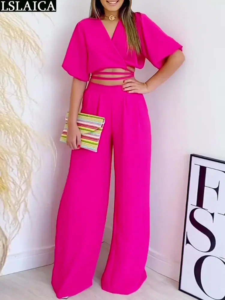 

Elegant Summer 2 Piece Outfit V Neck Women's Clothing New Arrivals Trend 2023 Bandage Blouse Wide Leg Pants Two Piece Sets Solid