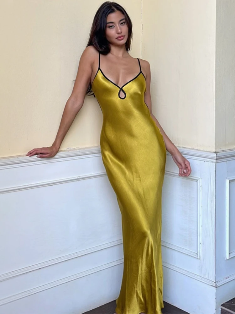 

Women's 2023 Spring New Party Dress Solid Color Sexy Strap Lace Up Open Back High Waist Long Dress Slim Fit Dress for Women