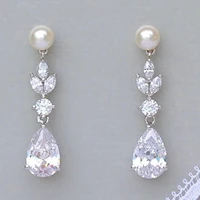 exquisite round white pearl earrings fashion jewelry shine silver color metal inlaid white zircon crystal drop earring for women