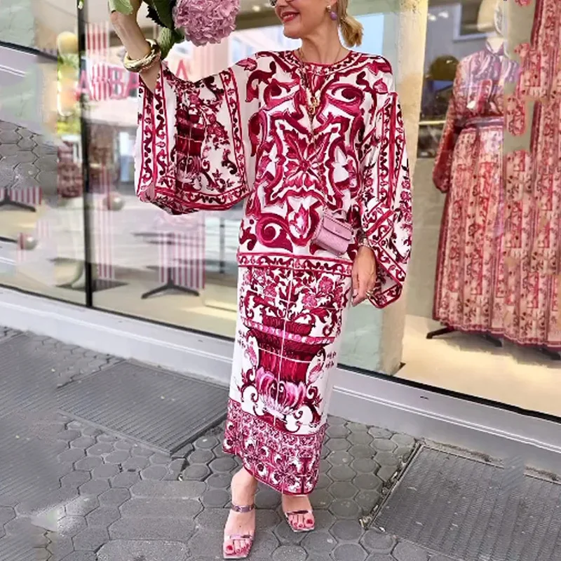

Women Two Piece Set Dashiki Africa Fashion Print Long Batwing Crew Loose Top And A Line Skirt Sets Female Office Matching Outfit