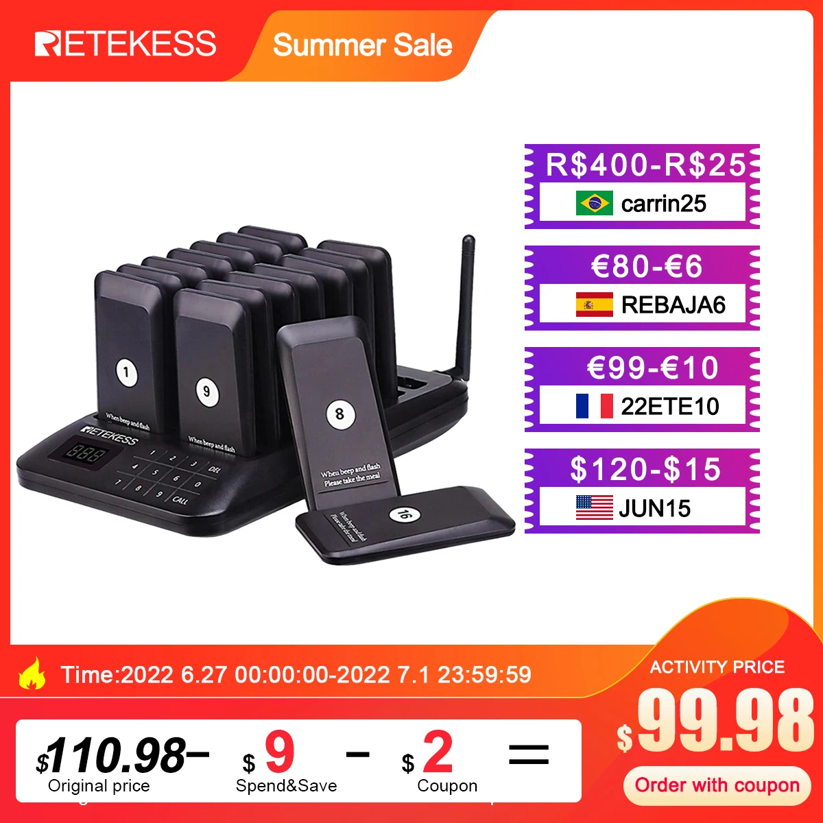 Retekess TD157 Restaurant Pager Buzzer Wireless Call 16 Coaster Receiver For Coffee Food Court Church Nurse Clinic Queue System