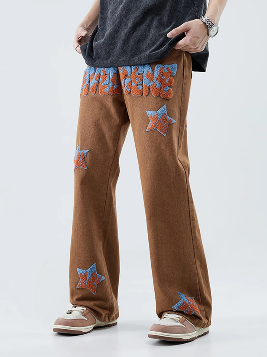 Four Seasons Men Jeans Embroidered Letters Cow Trend Hip Hop Loose Casual Wide Leg Nine-point Pants Streetwear Men ins Hot Sale