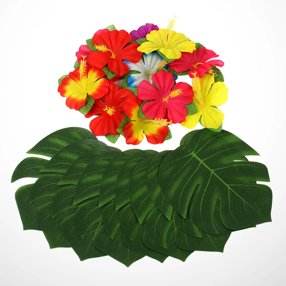 

48pcs in 1 Set Hawaiian Theme Party Supplies Simulation Monstera and Hibiscus Flower for Luau Party Decoration (24pcs 8 Inches