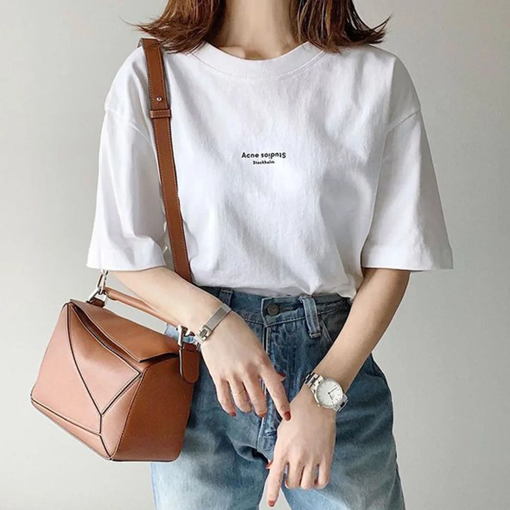 

Letter Print Casual Women T-Shirt Summer Fashion Simple All-match Wear Tees High Street Girl Student Sports White Tops OL Loose