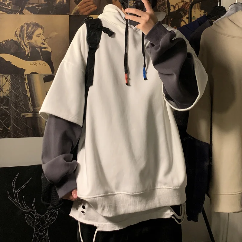 

Pullover Student Hooded Korean Patchwork Sweatshirts Street Fashion High Hop Hooded Clothes Fake Top Men Two Oversized Hip Piece