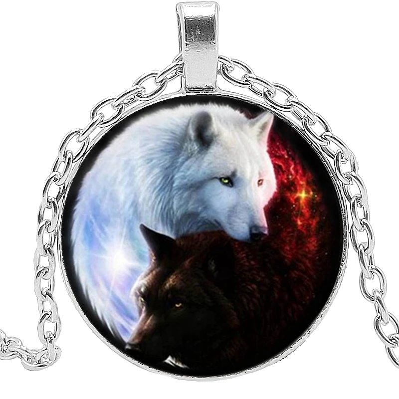 

Yin Yang Black and White Wolf Glass Cabochon Pendant Necklace Wolf Totem Men and Women Sweater Chain Small Gift