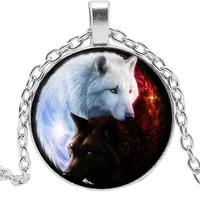 yin yang black and white wolf glass cabochon pendant necklace wolf totem men and women sweater chain small gift