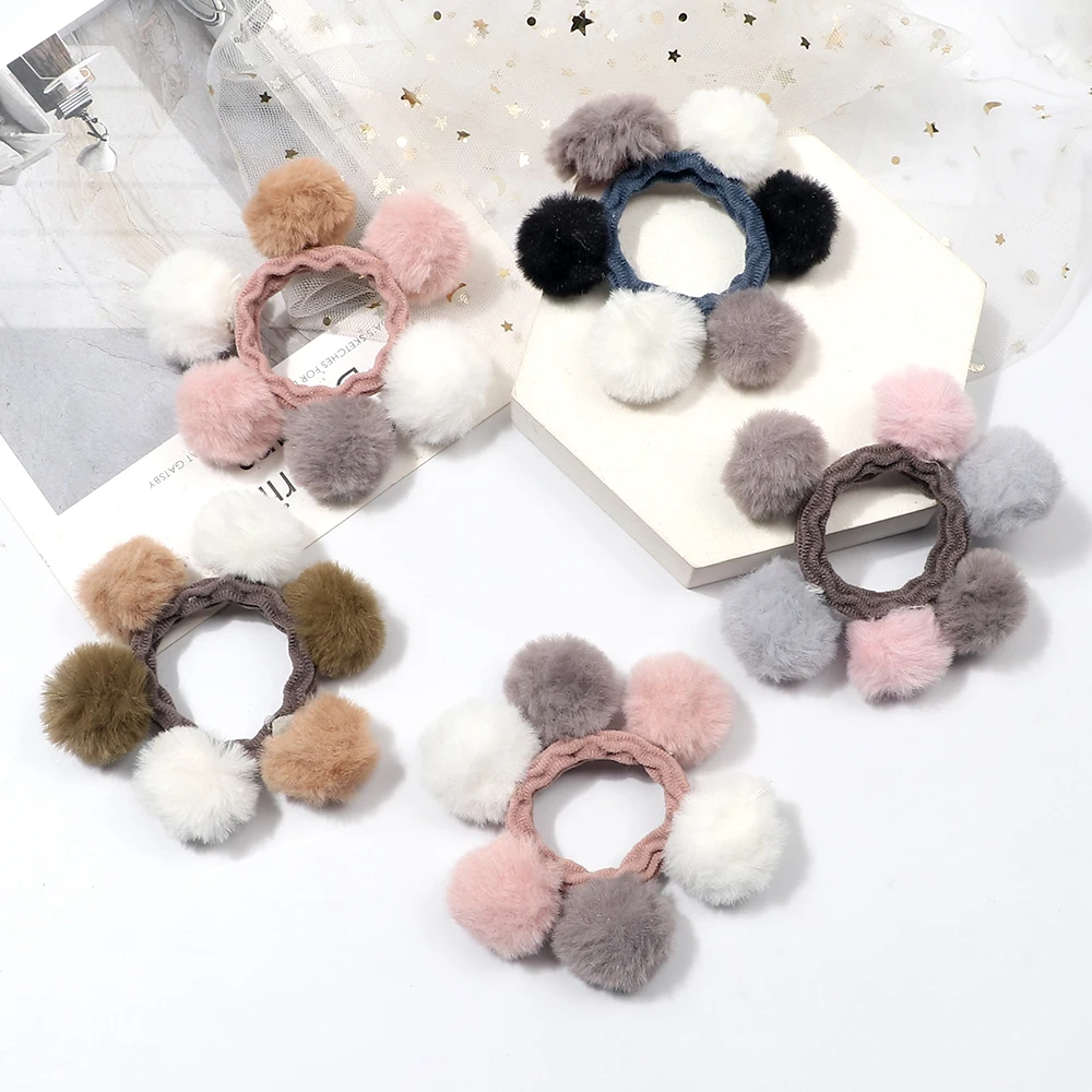 5 шт. зимние милые повязки для волос с шариками детские мягкие пушистые шарики