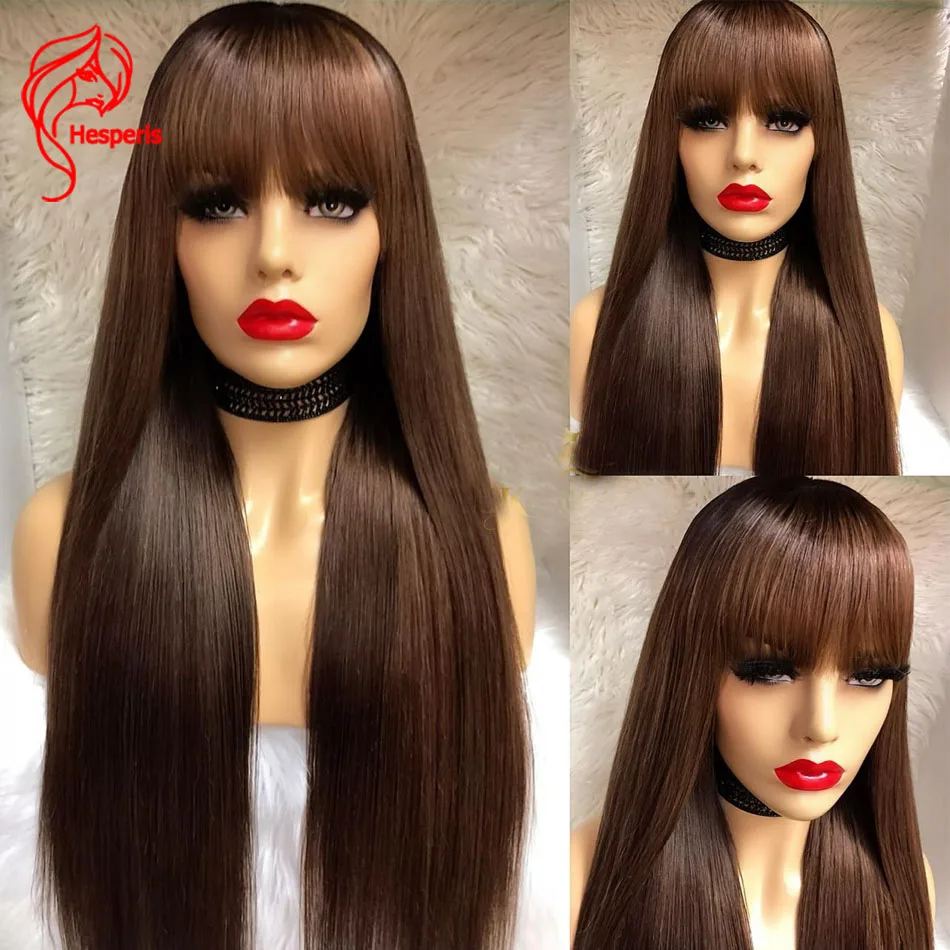 Hesperis Silk Straight Scalp Top Full Machine Made Wig For Black Women Brazilian Hair200 Density Brown Human Hair Wig With Bangs