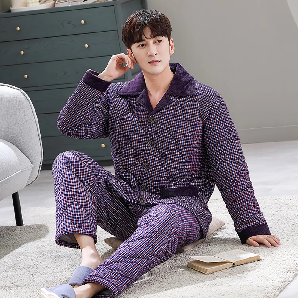 Men's Winter Pajamas Sets 3-layer Thicken Flannel Warm Sleepwear Casual Plaid Pajama Pyjamas for Men Soft Pigma Sleeping Clothes