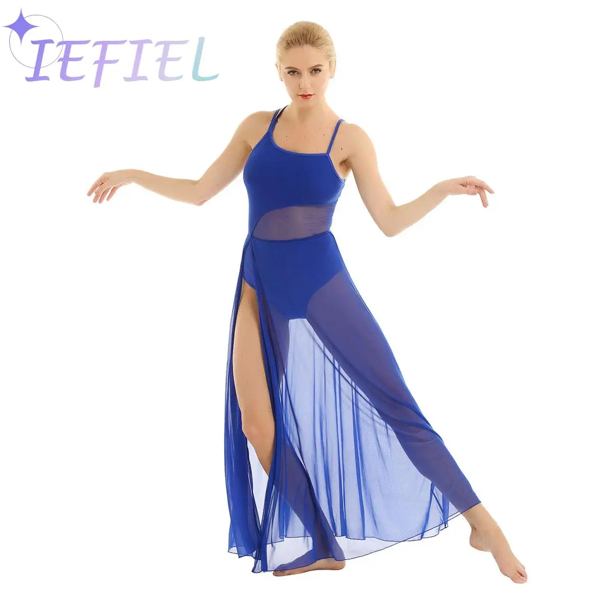 

Women Sleeveless Asymmetrical Mesh Maxi Dance Dress with Built-In Leotard Spliced Dance Costume Ballroom Lyrical Dancewear