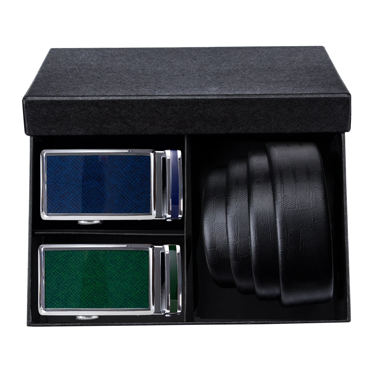 Fashion Black Plaid Men's Belt +2 Automatic Buckles Set Top Layer Cowhide Waistband with Blue Green Buckles Male Great Gifts