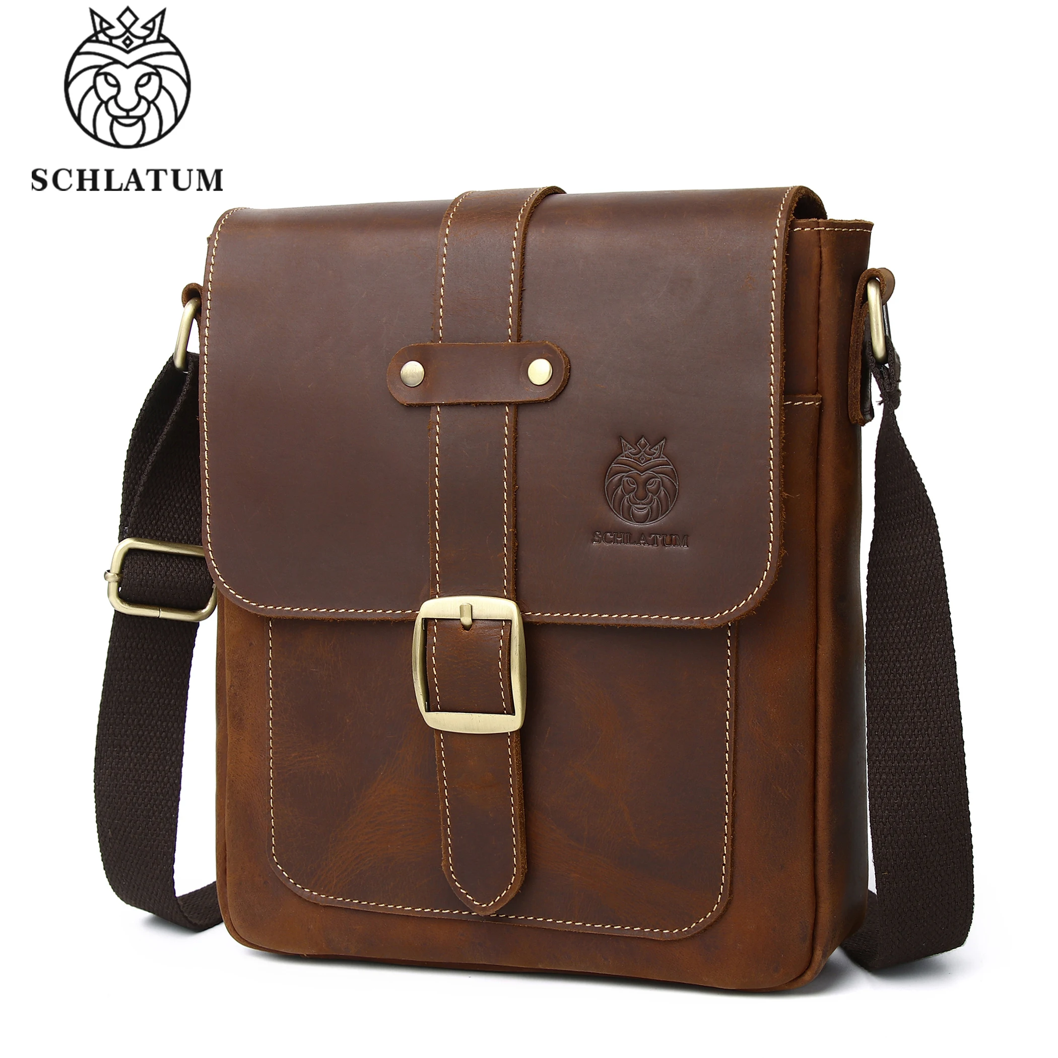 SCHLATUM Crazy Horse Leather Shoulder Bag High Quality Casual Men Messenger Bag Vintage Business Crossbody Bag