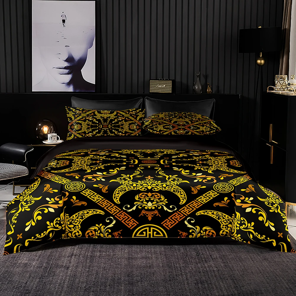 

Euro Palace Bedding Set Golden Flower Print Duvet Cover Set & Pillowcase Quilt Cover Queen King Size Magnificent Bed Accessory