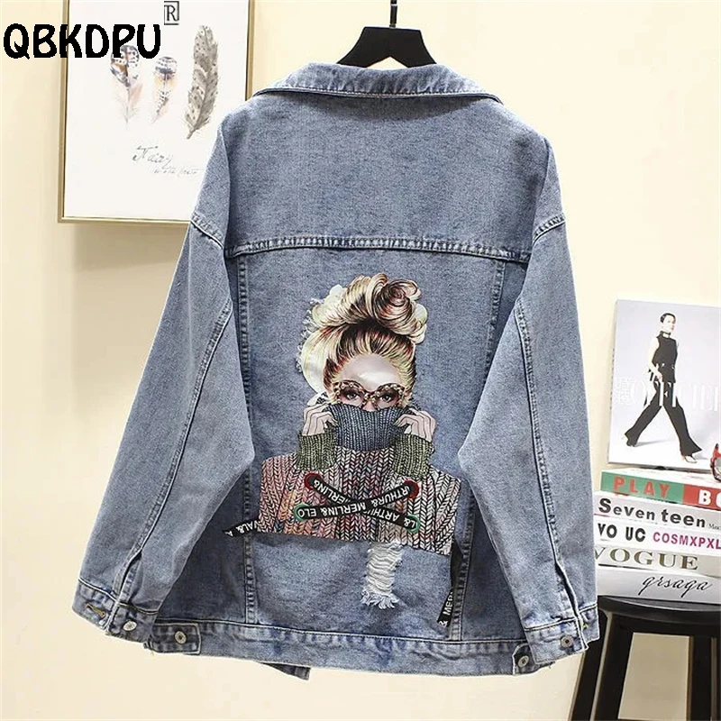 

Plus Size 90kg Printing Denim Chaquetas Mujer Streetwear Frayed Loose Women's Jean Jackets Casual Oversized Spring Veste Femme
