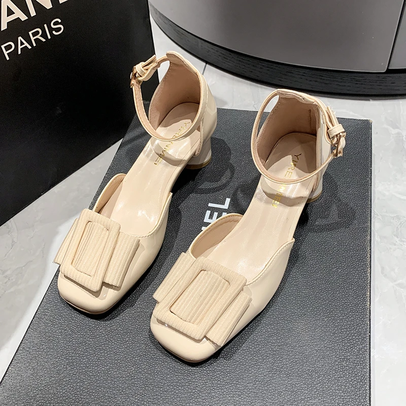 2023 Elegant Woman Shoes With Medium Heels Pumps Sandals Fashion Female Square Toe Buckle Strap Shallow Ladies Heeled Shoes