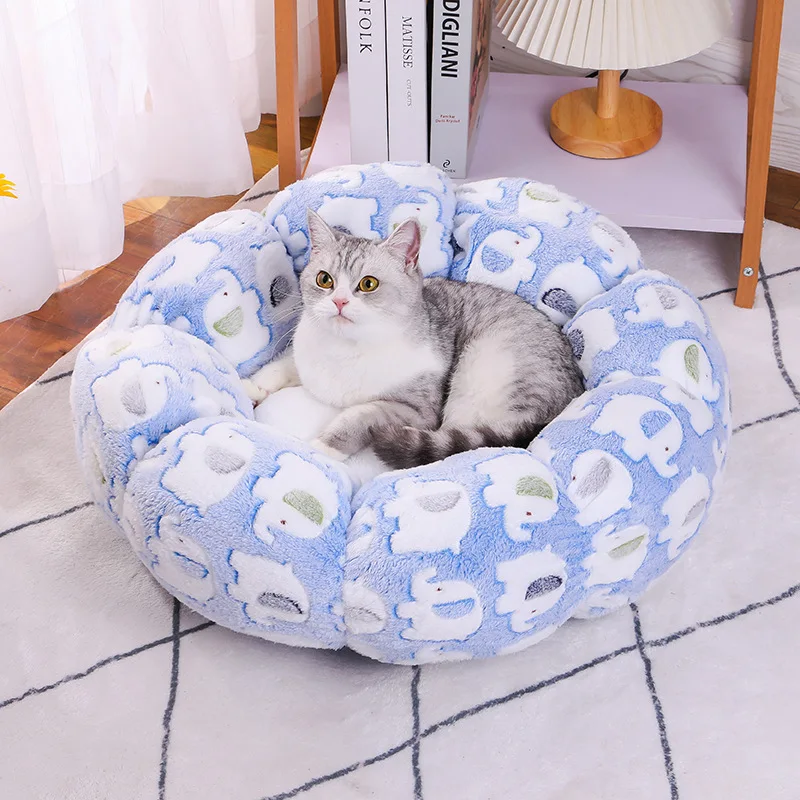 

OUZEY Round Dog Cat Bed Warm Coral Plush Pet Cat House Comfortable Sleeping Kitten Cushion Washable Soft Cats Basket Sofas