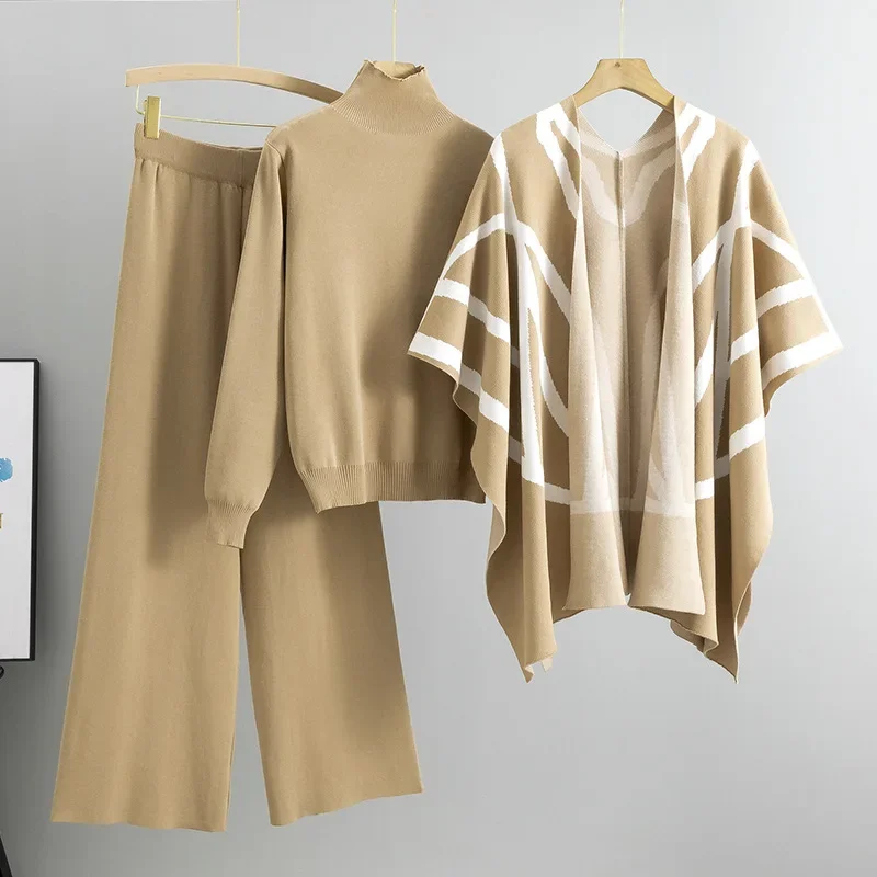 Офисный женский комплект из 3 предметов винтажный принт шаль пуловер свитер